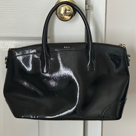 RLL Polo Ralph Lauren Black Leather Cowhide Purse Handbag Good Large Patent - Picture 1 of 9